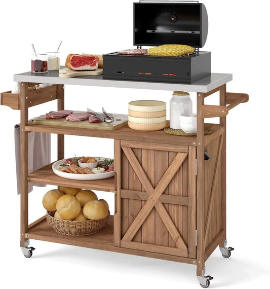 KOMFOTTEU Chariot Barbecue en Bois avec Rangement et Plan Inox, 3 Étagères et Armoire Fermée, Desserte Extérieure avec Porte-épices, 118 x 47 x 92 cm