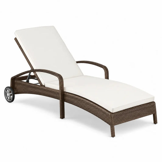 Bain de soleil de jardin réglable à roulettes en rotin synthétique PE brun avec coussin écru 200 x 70 x 95 cm