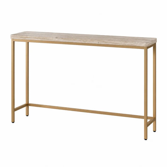 Table console rectangulaire 120 x 35 x 80 cm plateau en MDF effet travertin beige cadre en acier thermolaqué doré