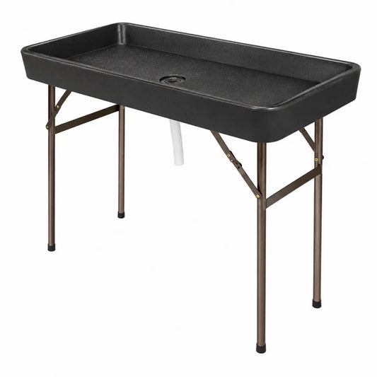 Table de préparation extérieure rectangulaire pliable 115 x 60 x 82 cm bac HDPE noir pieds acier brun bronze avec tuyau de drainage