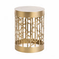 Table basse d’extérieur ronde diamètre 45 cm hauteur 55 cm structure en acier époxy doré plateau en pierre frittée beige effet marbre