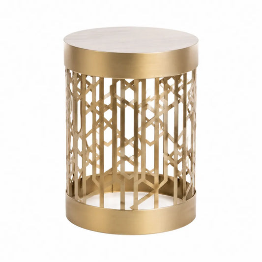 Table basse d’extérieur ronde diamètre 45 cm hauteur 55 cm structure en acier époxy doré plateau en pierre frittée beige effet marbre