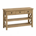 Table console rectangulaire effet chêne clair avec 3 tiroirs et 2 tablettes 120 x 35 x 80 cm en MDF et pin