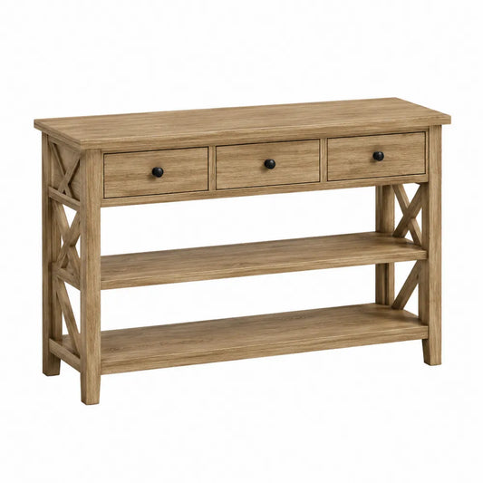 Table console rectangulaire effet chêne clair avec 3 tiroirs et 2 tablettes 120 x 35 x 80 cm en MDF et pin
