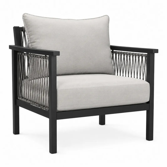 Fauteuil de jardin 1 place en aluminium noir avec corde polypropylène gris foncé et coussins gris clair 82 x 84 x 78 cm