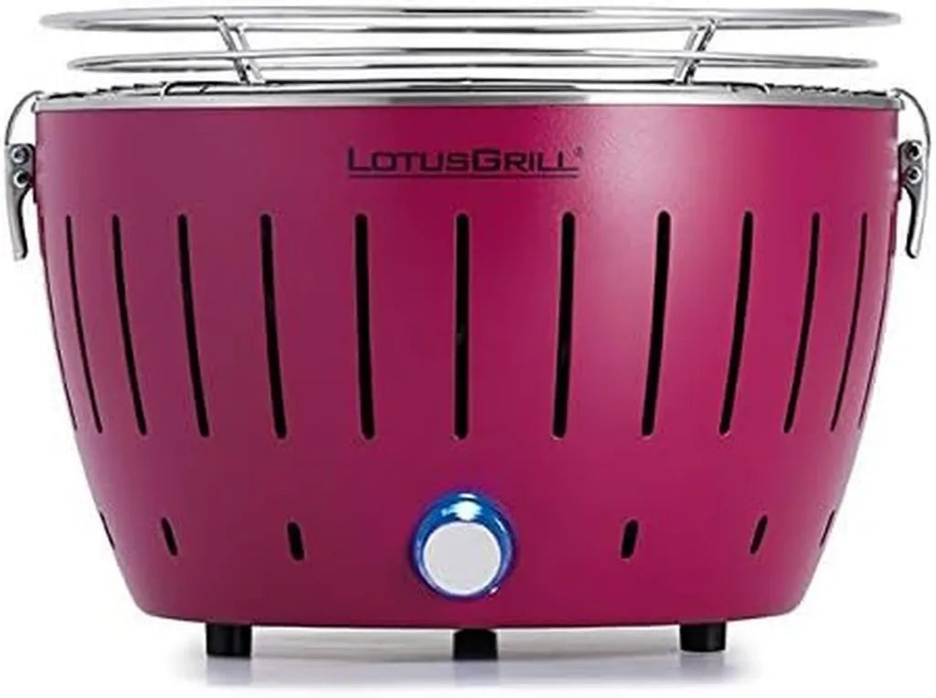 Barbecue LotusGrill S Compact Violet - Faible Fumée, Charbon de Bois, USB/Powerbank