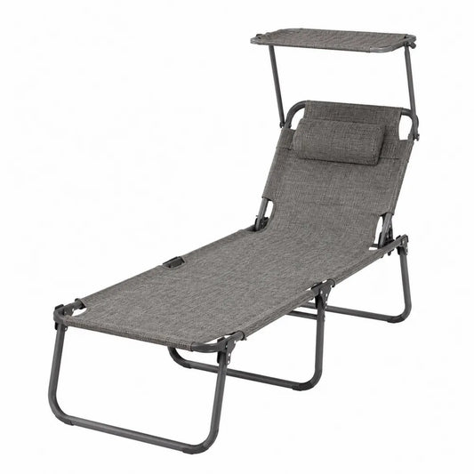 Bain de soleil de jardin pliable avec pare-soleil en textilène gris et acier anthracite 190 x 60 x 86 cm