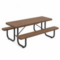 Table de pique-nique de jardin rectangulaire 180 x 150 x 74 cm lattes HDPE brun cadre acier noir avec bancs intégrés