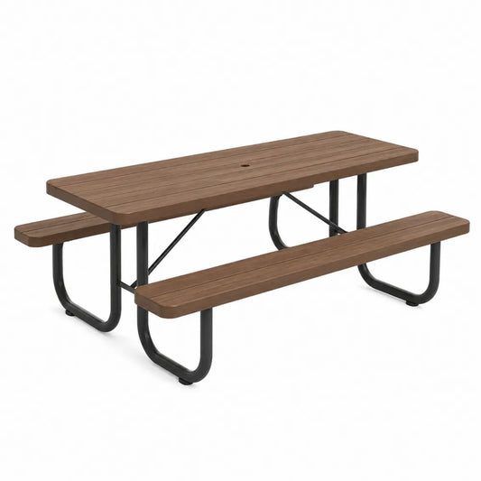 Table de pique-nique de jardin rectangulaire 180 x 150 x 74 cm lattes HDPE brun cadre acier noir avec bancs intégrés
