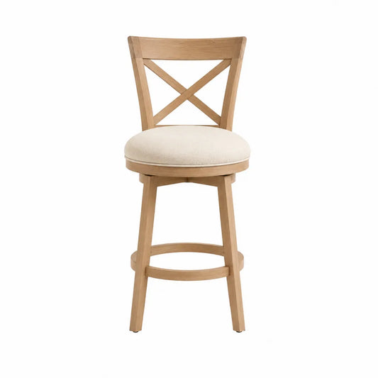 Tabouret de bar avec dossier croisé 48 x 50 x 112 cm hévéa massif assise rembourrée beige naturel