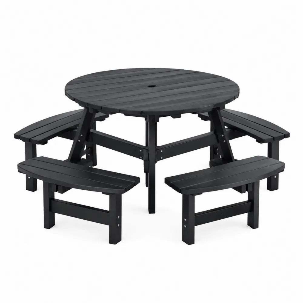 Table de pique-nique ronde avec 4 bancs intégrés 205 x 205 x 75 cm en HDPE noir et acier noir