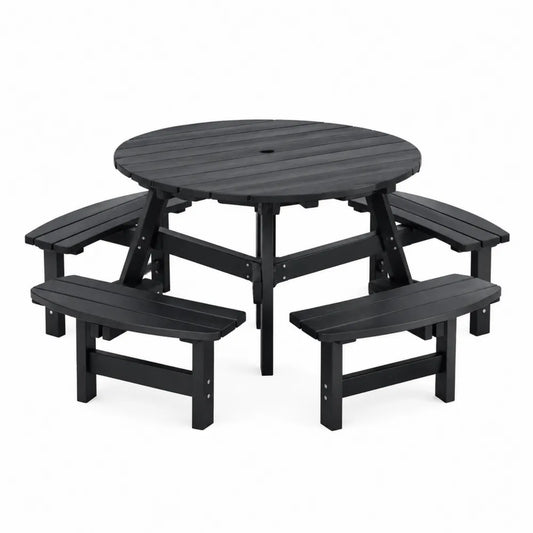 Table de pique-nique ronde avec 4 bancs intégrés 205 x 205 x 75 cm en HDPE noir et acier noir