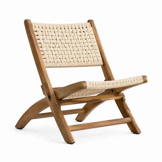 Fauteuil de jardin pliant en acacia massif brun naturel avec assise et dossier en cordage polyester écru 65 x 85 x 75 cm