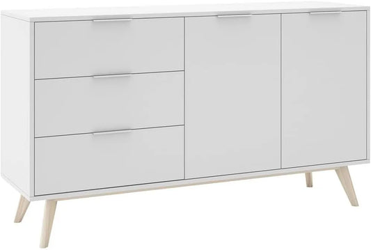 Buffet et meuble de rangement 140cm 2 Portes 3 Tiroirs Scandinave MDF et Pin: avec tiroirs, blanc