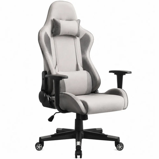 Chaise gaming de bureau pivotante inclinable avec coussins revêtement polyester gris clair gris foncé noir base polypropylène à roulettes 68 x 70 x 122-132 cm