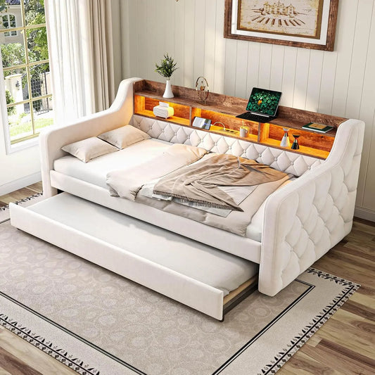 Canapé convertible et canapé-lit – en bois, affichage LED, beige, revêtement en tissu