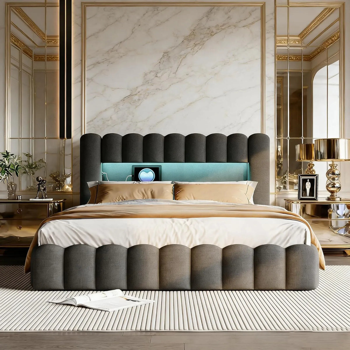 Lit capitonné 180 x 200 cm – revêtement en tissu, avec rangement, avec port USB, affichage LED, 180 × 200 cm, gris