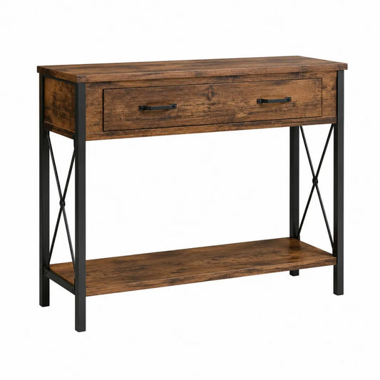 Table console rectangulaire 120 x 35 x 80 cm en MDF effet chêne brun cadre en acier noir avec 1 tiroir et étagère basse