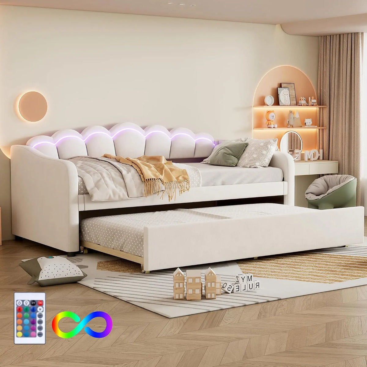 Canapé convertible et canapé-lit – convertible, 1 Place, 90 × 200 cm, beige, revêtement en velours, revêtement en tissu