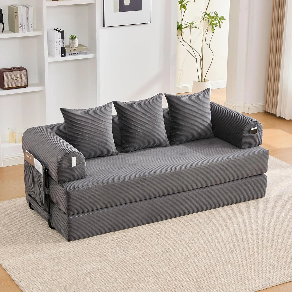 Canapé modulaire — en métal, en velours côtelé, convertible, 3 Places, gris