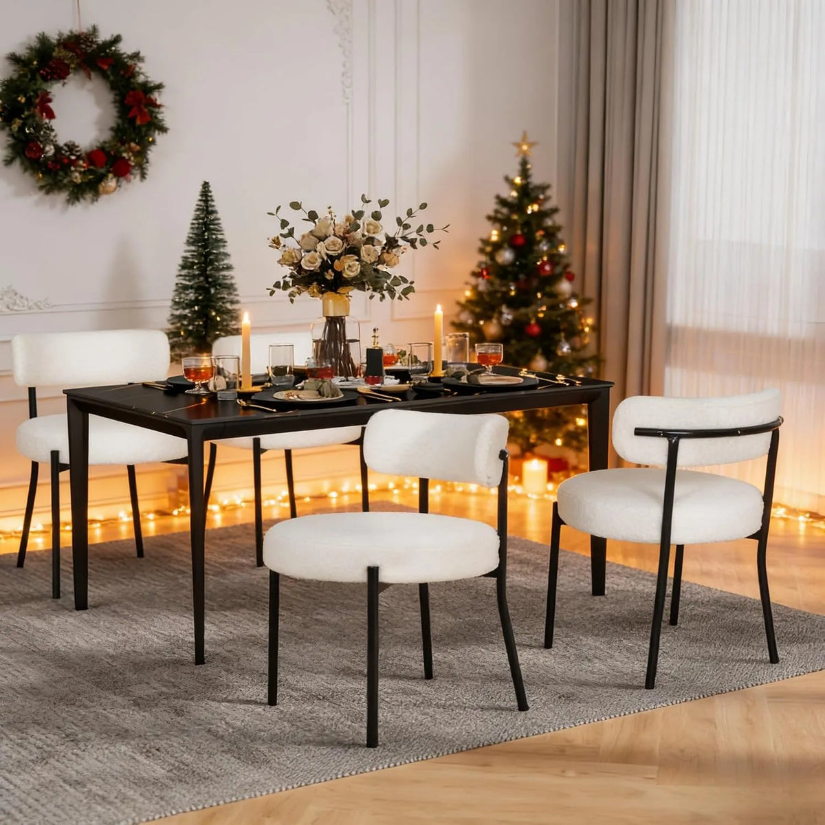 Chaise — YUSING, en métal, revêtement en tissu, revêtement bouclé, Lot de 4, blanc