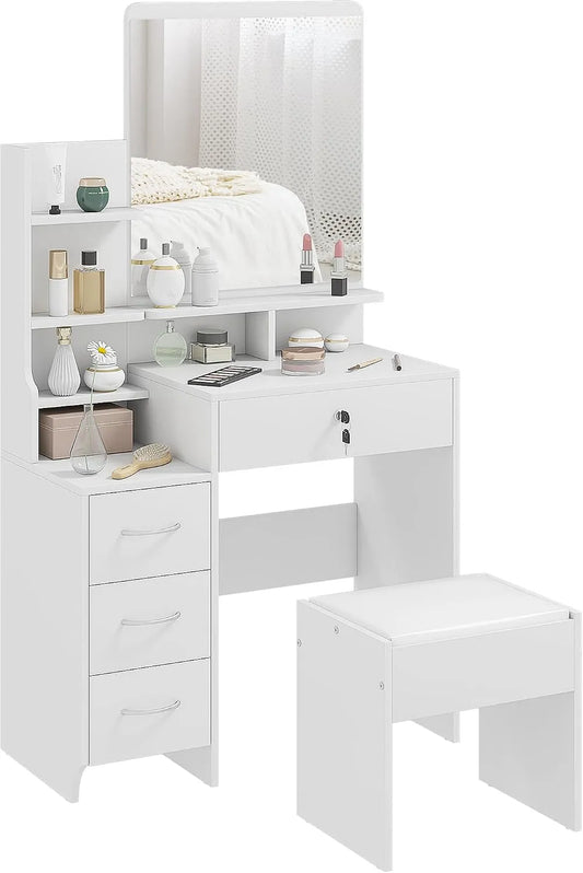 HOMCOM Ensemble de Coiffeuse et table de maquillage Table de Maquillage avec Tabouret rembourré Grand: avec tiroirs, avec étagères, 4 tiroirs, blanc