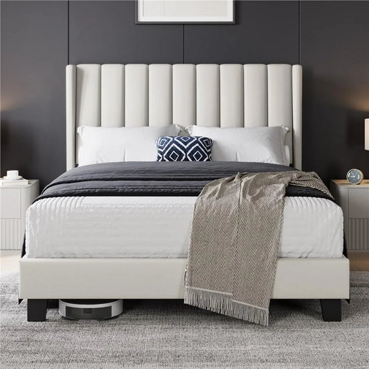 Yaheetech Lit Double Rembourré 140x200 cm avec Sommier à Lattes: en métal, en bois, 140 × 200 cm, beige