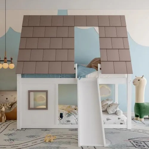 Lit superposé et lit mezzanine: MDF, pour enfant, en bois, avec toboggan, avec échelle, 140 × 200 cm, blanc