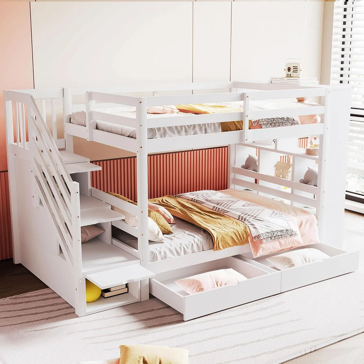 Lit superposé et lit mezzanine – pour enfant, avec rangement, avec tiroirs, avec escalier, 90 × 200 cm, blanc