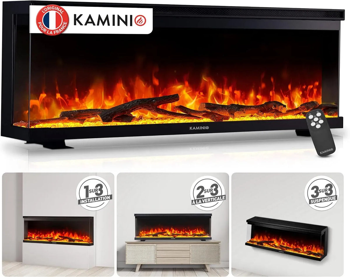 télécommande, murale ou à poser avec vue panoramique, KAMINIO® Lea Pro 50 Cheminée électrique chauffante à Effet Flamme, Cheminée décorative 3 en 1