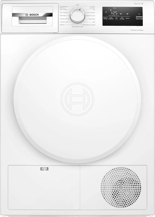 Bosch WTH8300DFR Sèche-linge, 8 kg, blanc, séchage rapide 40 minutes, écran LED, Série 4, filtre EasyClean, Pompe à chaleur, AutoDry