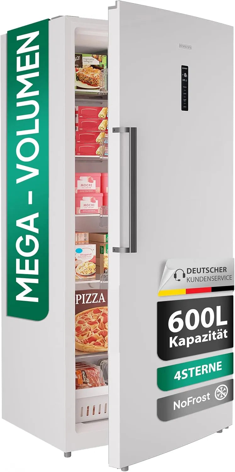 Congélateur, 600 L, écran LED, 5 étagères en verre, température: -18 °C, 1 tiroir de congélation, protection anti-gel, charnière de porte, fonction