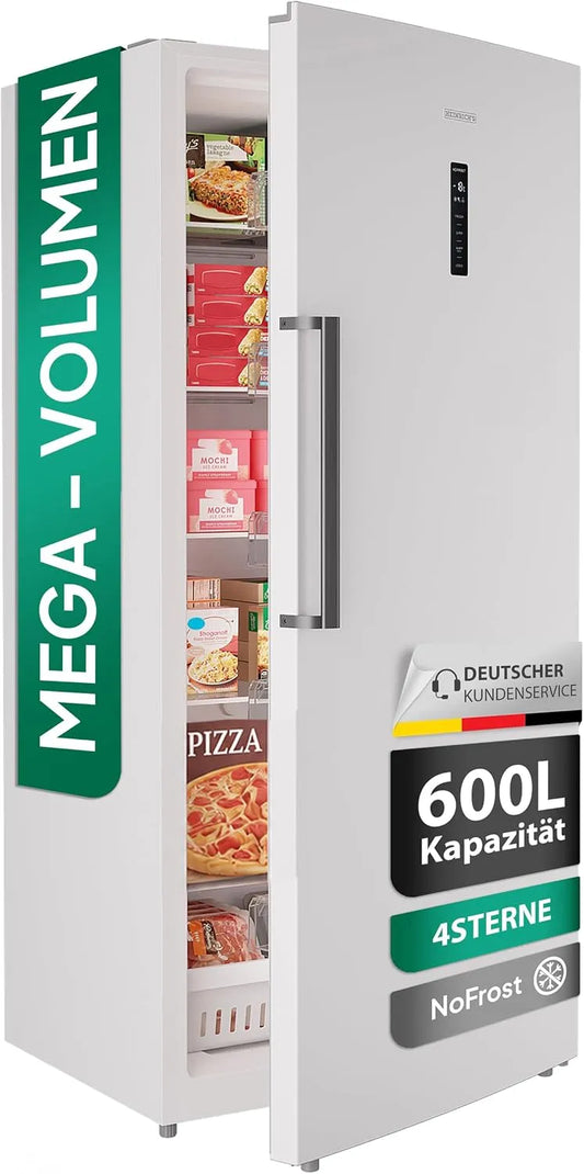 Congélateur, 600 L, écran LED, 5 étagères en verre, température: -18 °C, 1 tiroir de congélation, protection anti-gel, charnière de porte, fonction