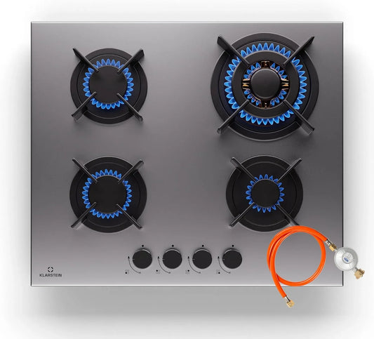 Klarstein Cuisinière avec four, 4 foyers, 8000 W, encastrable, acier inoxydable, Plaque de Cuisson Gaz à 4 Brûleurs, Cuisinières GPL