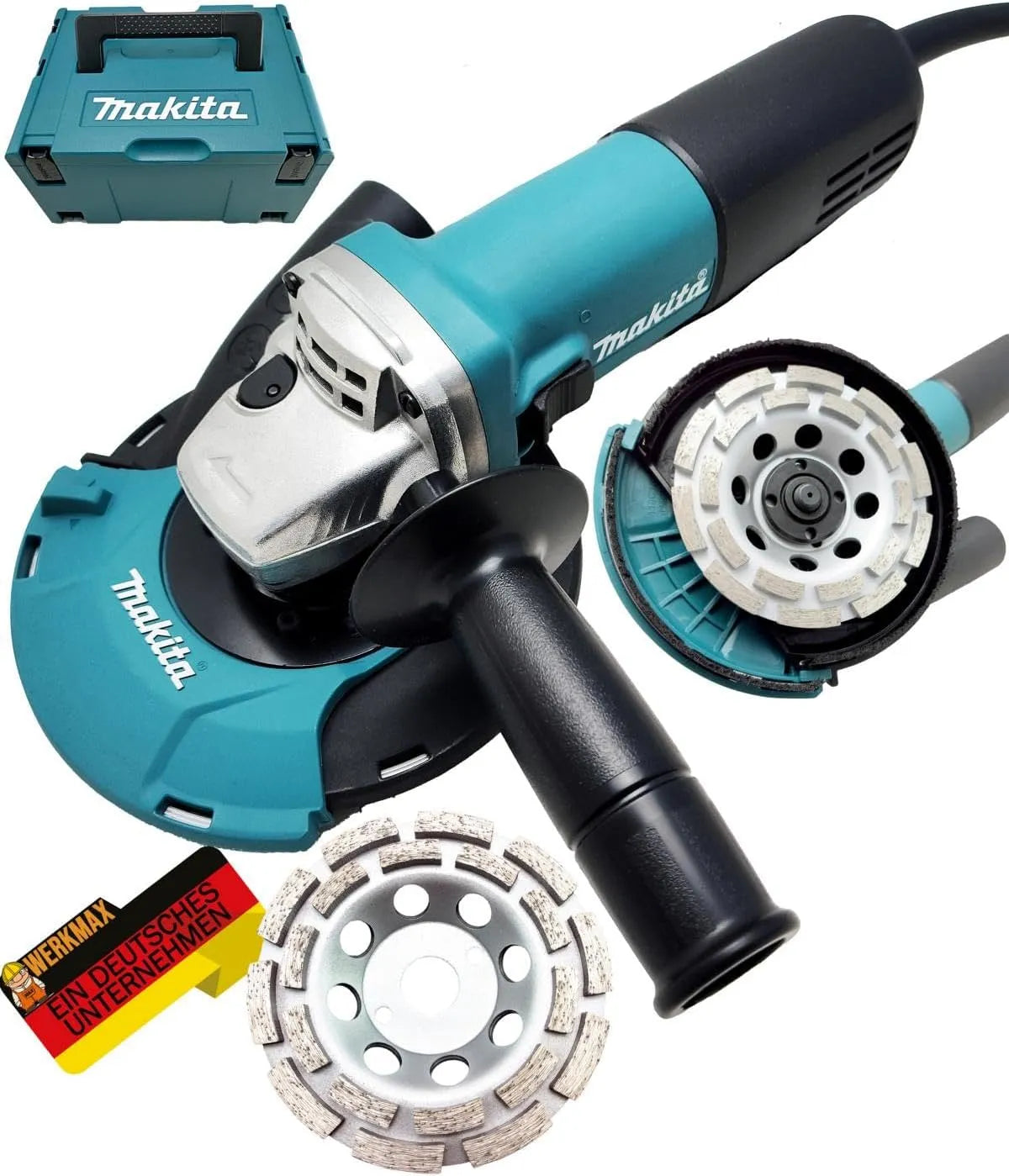 Makita Produit Ponceuse d'angle 1100 W + capot d'aspiration WM + 2 têtes de meuleuse diamant de qualité supérieure