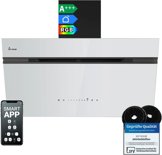 Hotte aspirante, 90 cm, 782 m3/h, hotte de cuisine, KKT AURORA9005SW, installation murale, Wi-Fi, application, noir, avec fonction de retardateur