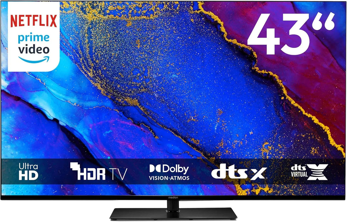 Google Smart TV, 43 pouces, téléviseur, 4K UHD, HDR, son Dolby, Bluetooth, enregistrement PVR, MD 843400, Dolby Atmos, 108cm, DTS x, Compatible avec