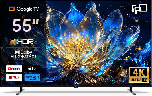 Google Smart TV, 55 pouces, téléviseur, 4K UHD, HDR, Dolby Vision et Atmos, HDR 10, MEMC pour des Images Plus fluides, Google TV avec Cast intégré