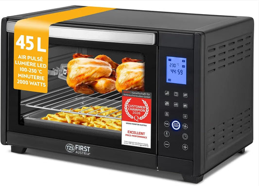 Four électrique, 45 L, 2000 W, minuteur, camping, 2 zones de température, Mini-Four 45L 2000W digital, Température jusqu'à 230°C & 4 Niveaux