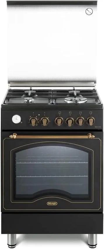 De'Longhi Cuisinière à gaz avec four électrique, 60 cm, classe énergétique E, gril, fonte, noir, 1 double couronne, Easysteam, De'Longhi PEMA 664 CLSG