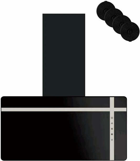 Hotte aspirante, 60 cm, hotte de cuisine, 3 vitesses, installation murale, tactile, noir, Livrée avec 4 Filtres à Charbon, Évacuation, Commande