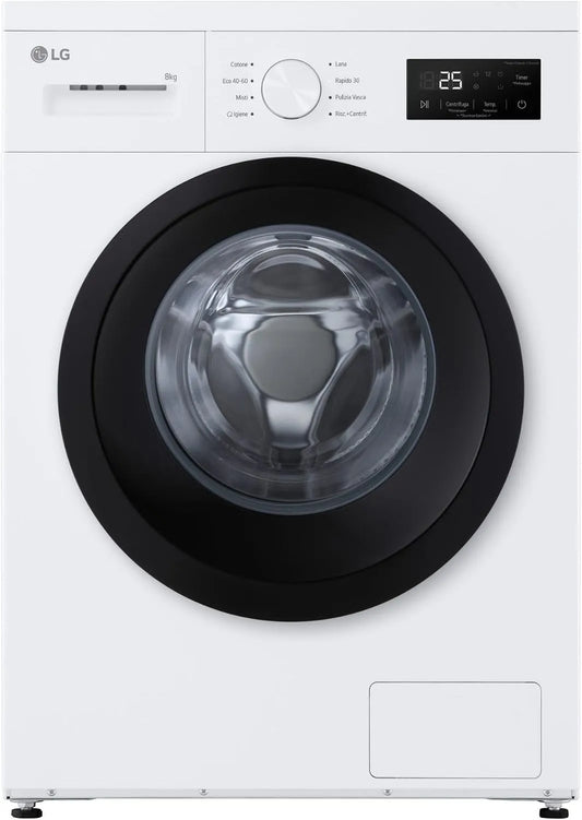 LG F4NA10S8NWK Lave-linge, 8 kg, classe énergétique A, vapeur, hygiène, étroit, amovible, blanc, 1400 tours, autoportante, design épuré