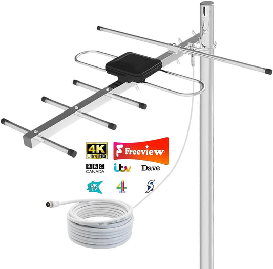 Smart TV K-FR-608-260521, téléviseur, 4K UHD, extérieur, Antenne Râteau TNT HD 4K Longue Portée, Antenne TV Numérique Anti-Intempéries avec Câble