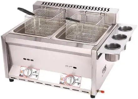 Friteuse commerciale à gaz GPL, pour maison, Friteuse à double réservoir en acier inoxydable équipé de panier et couvercle pour frites, 2 x 8 L